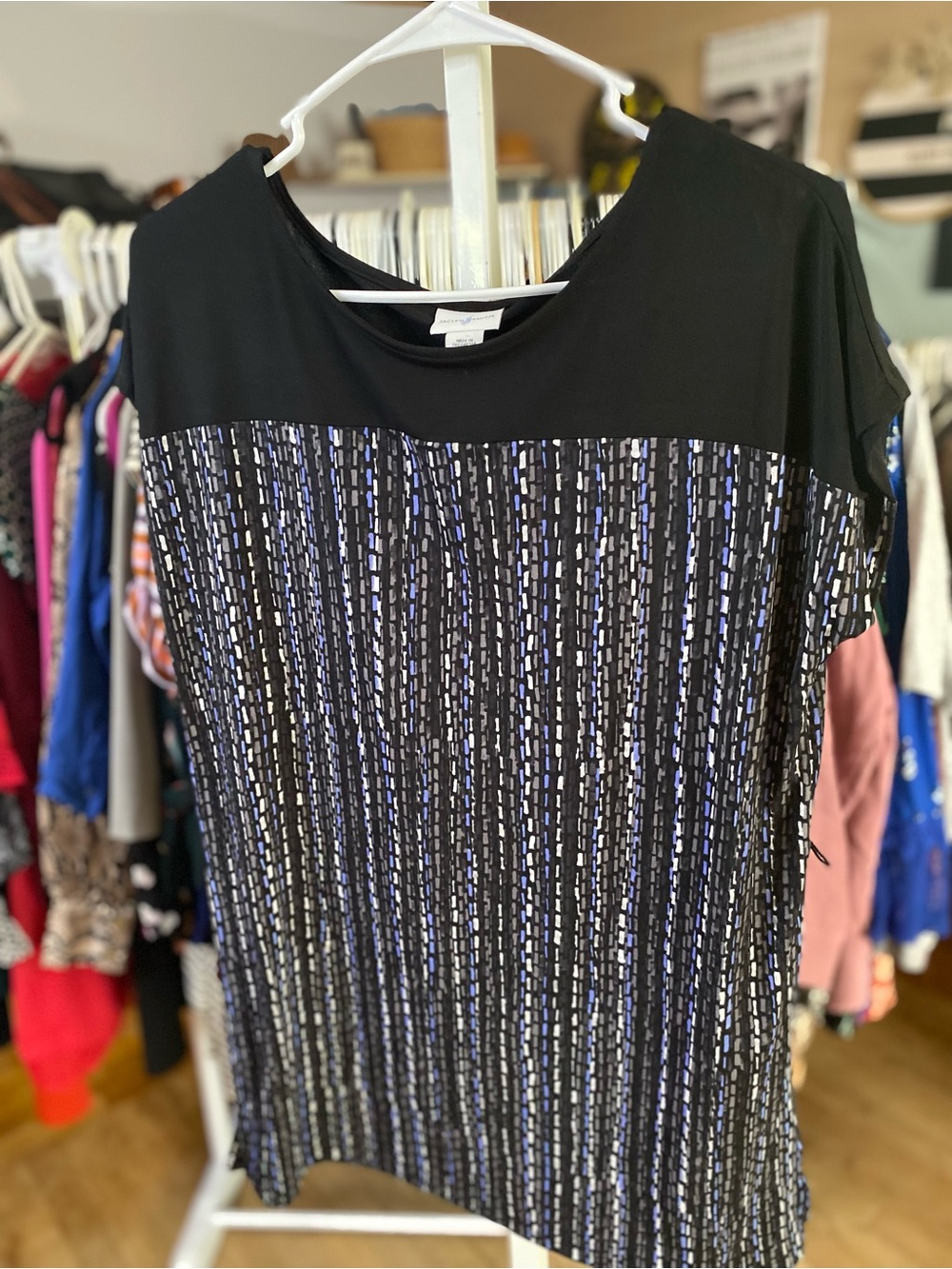 Jaclyn Smith Black Top with Blue and White Striped Front Panel